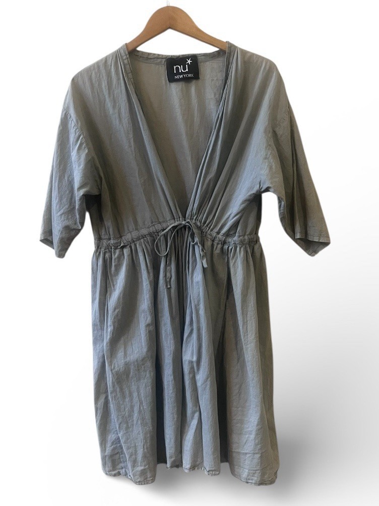 Nu New York 100% Cotton Adjustable Waist Front Tie Dress One Size Gray Pockets