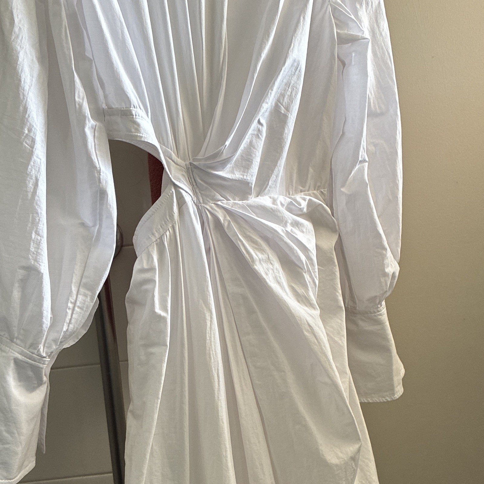 Jonathan Simkhai White Collared Shirt Dress Long Balloon Sleeve Tie Chain Midi 8