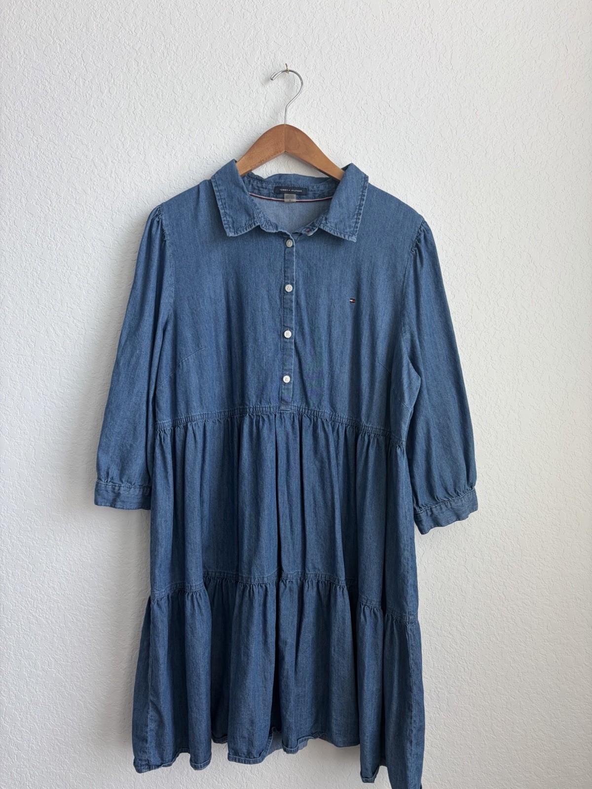 Tommy Hilfiger Women’s 16 Blue Denim Chambray Tiered Dress 3/4 Knee
