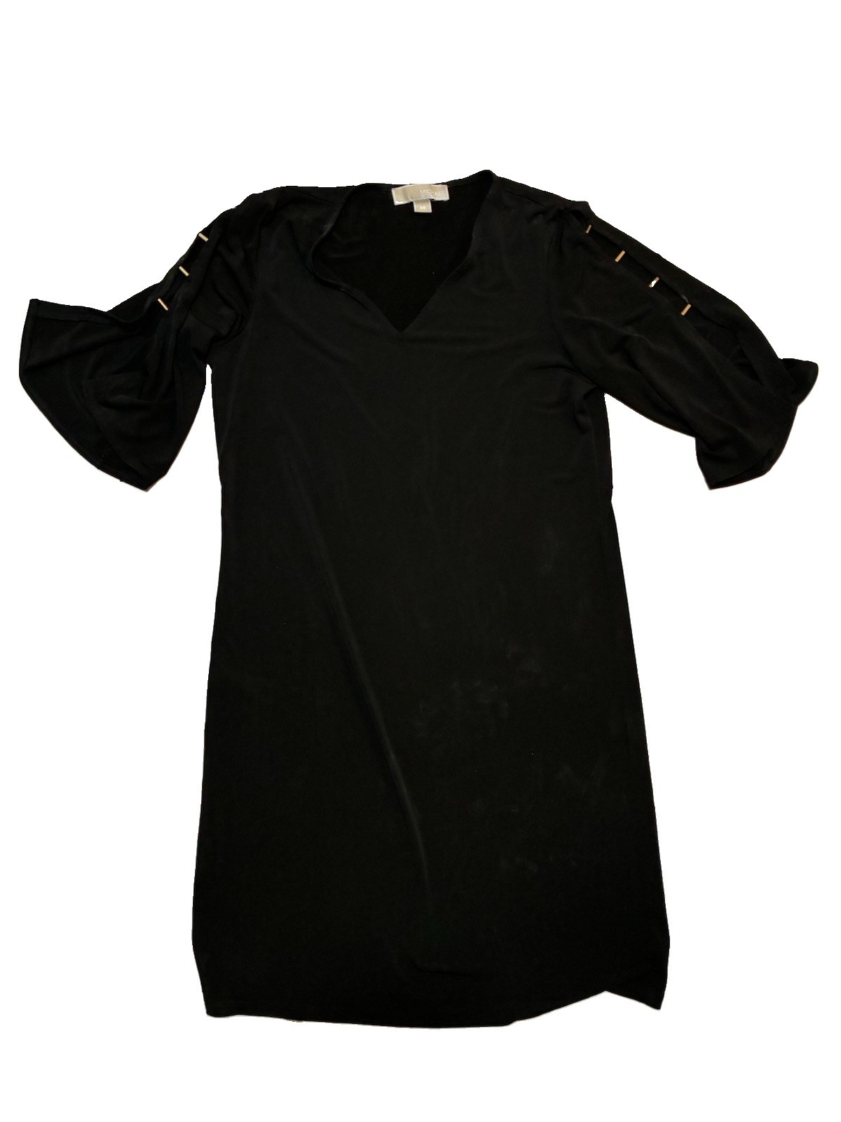 Michael Kors Women’s Black Solid V-Neck Shift Short Dress XS 3/4 Bell Sleeve