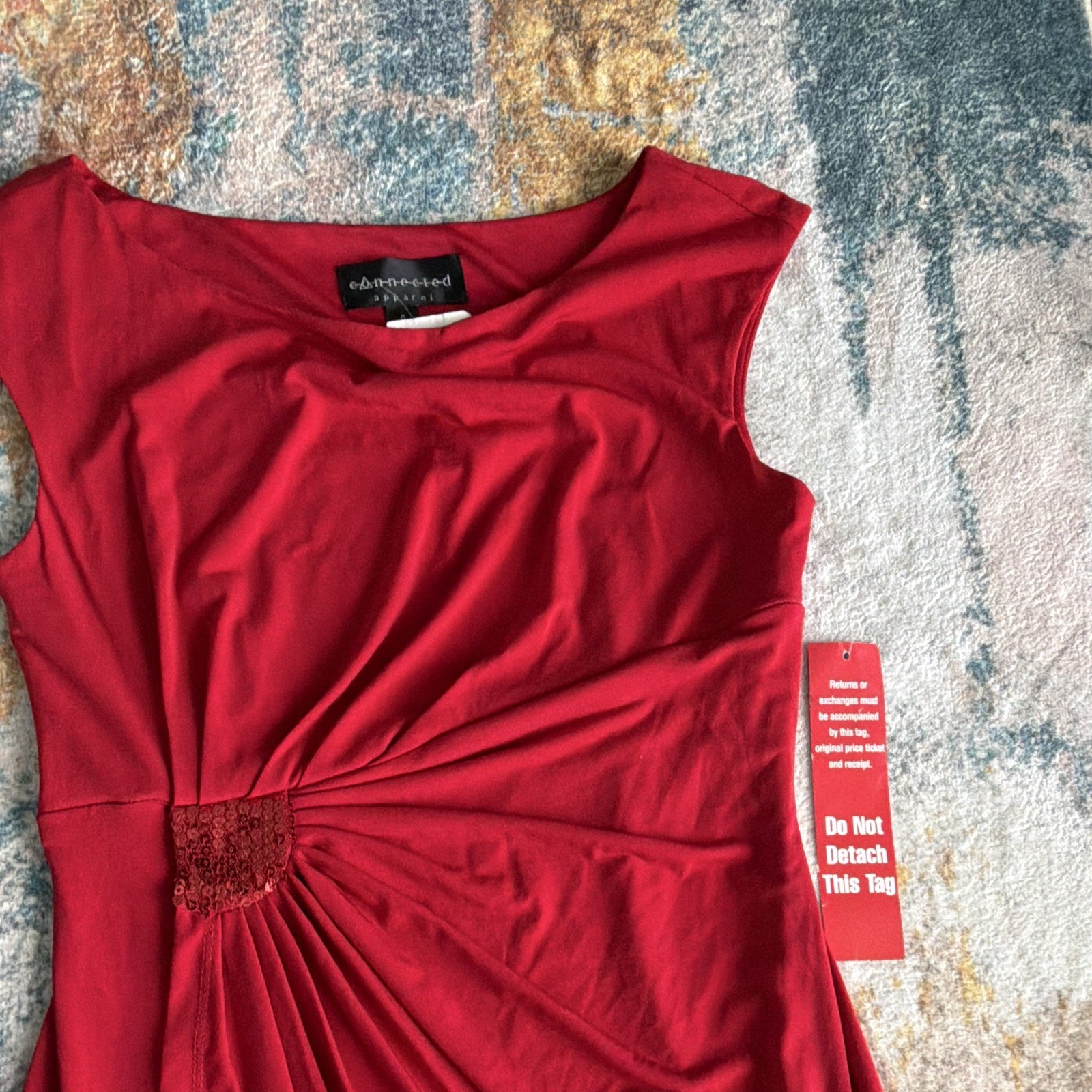 NWT Connected Apparel women’s Red Solid Ruched Sheath Dress Beaded Accent Size 6