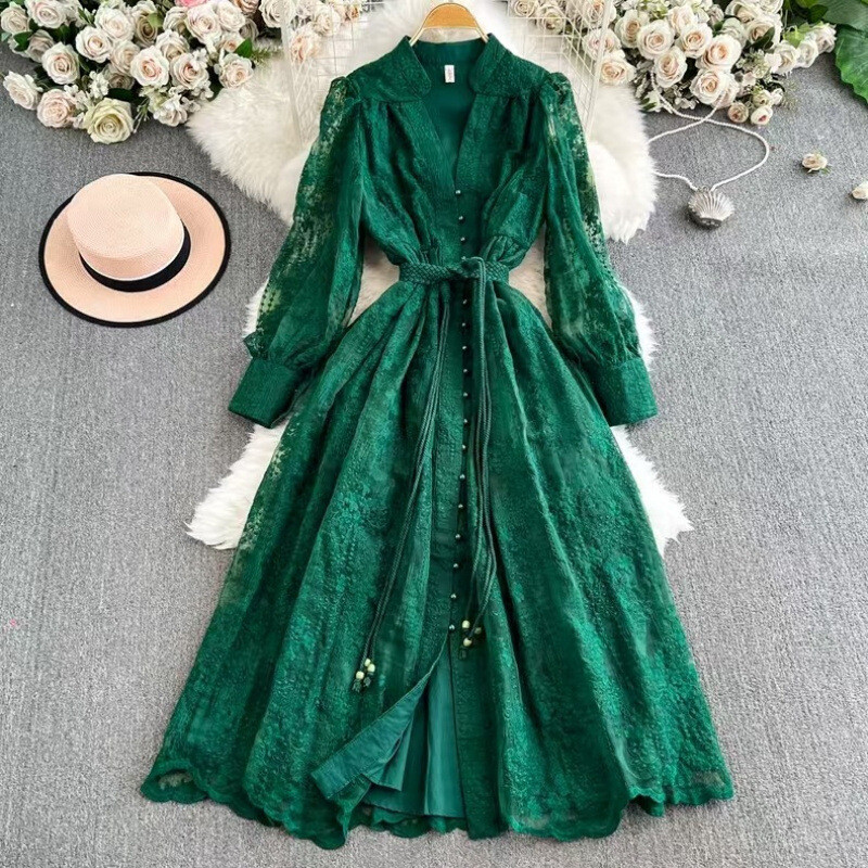 Women’s Dress Embroidery V-neck Lantern Sleeve Single-breasted Long Skirt Party