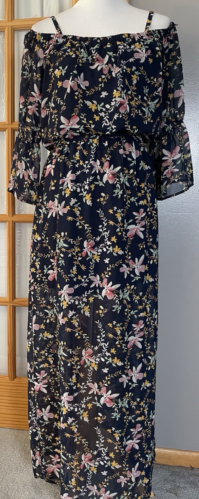 Off The Shoulder Floral Maxi Dress Sz L Navy Gold Elastic Waist Prairie Beach