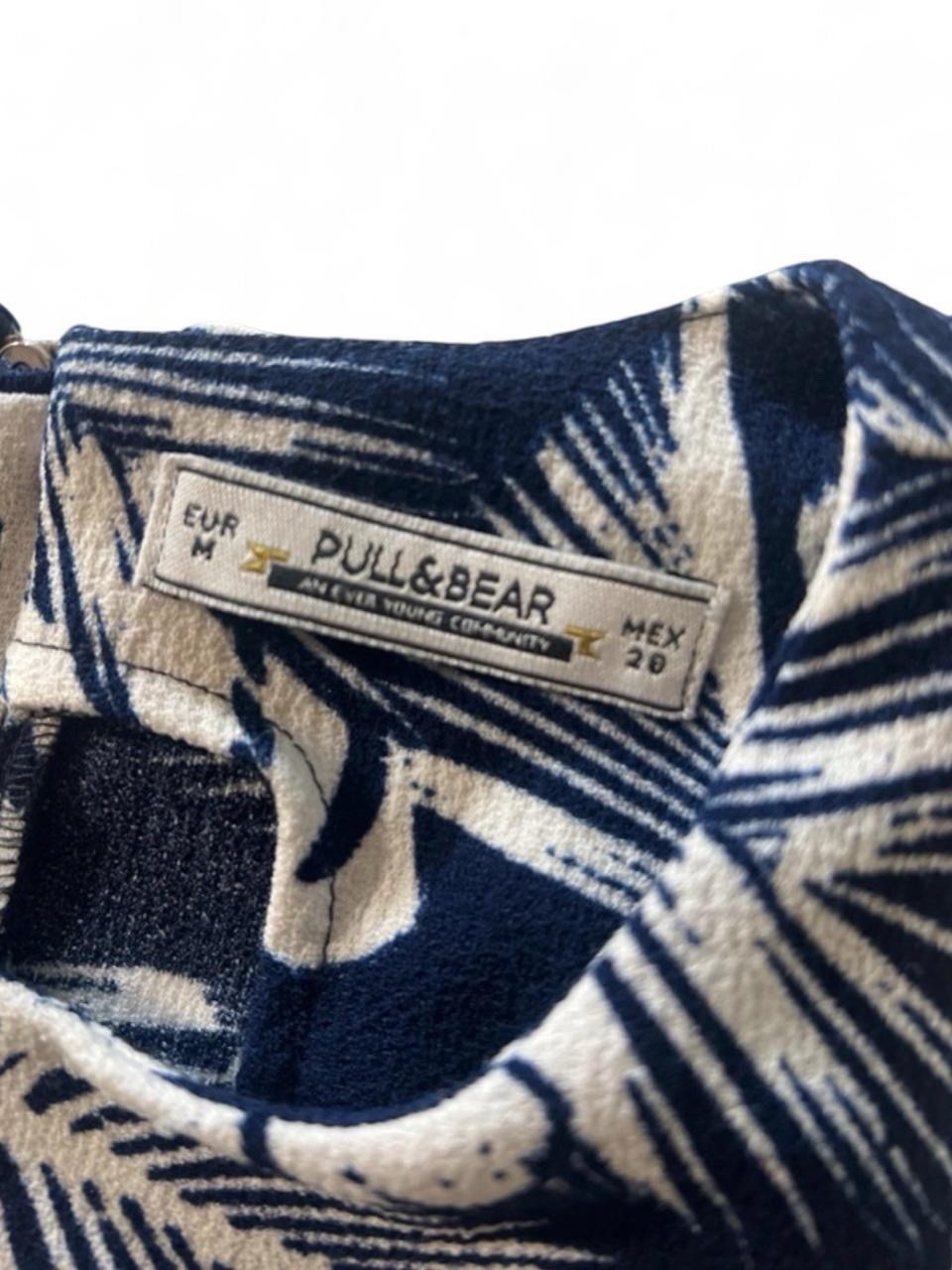 PULL & BEAR TROPICAL PALMS HALTER DRESS NAVY BLUE RESORT WEAR MEDIUM DRESS