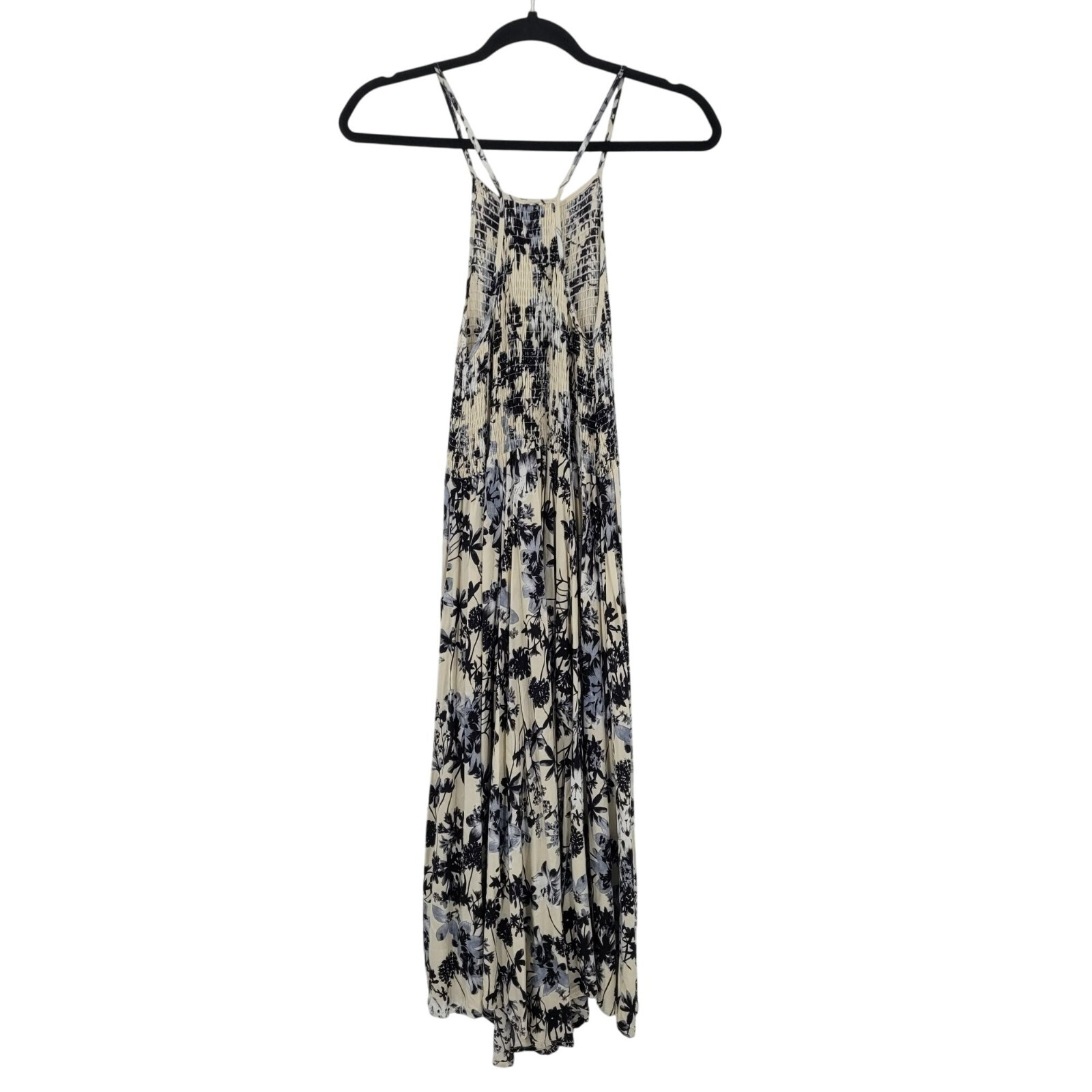 Lira Floral Cami Smocked Racerback Midi Dress Sz S Navy White Strappy Beach Boho