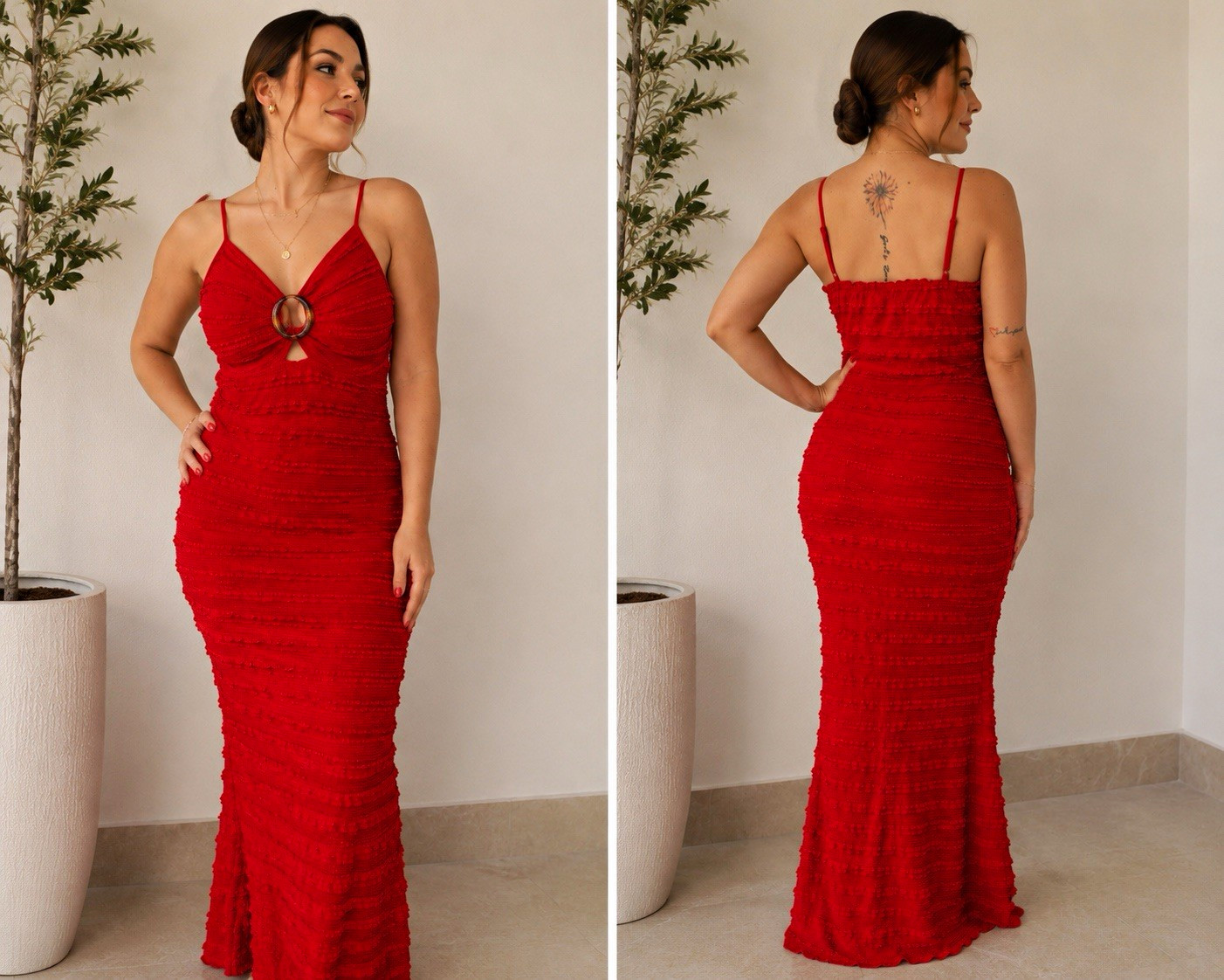 Women’s Textured Bodycon Maxi Dress with Front Ring Detail – Sleeveless Elegant