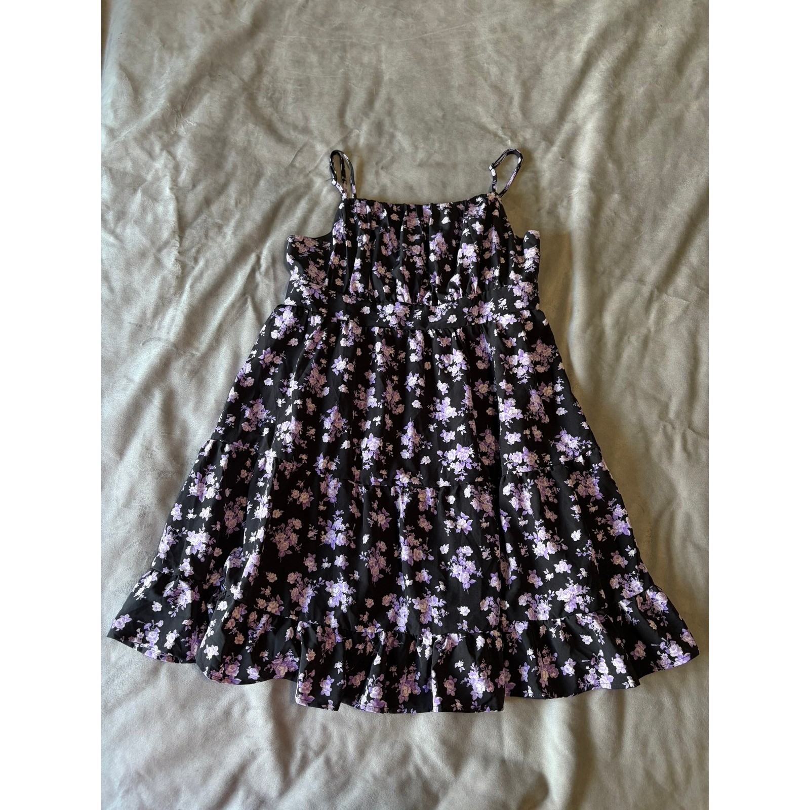 SHEIN Curve Black Purple Floral Smocked Tiered Babydoll Mini Dress 1XL