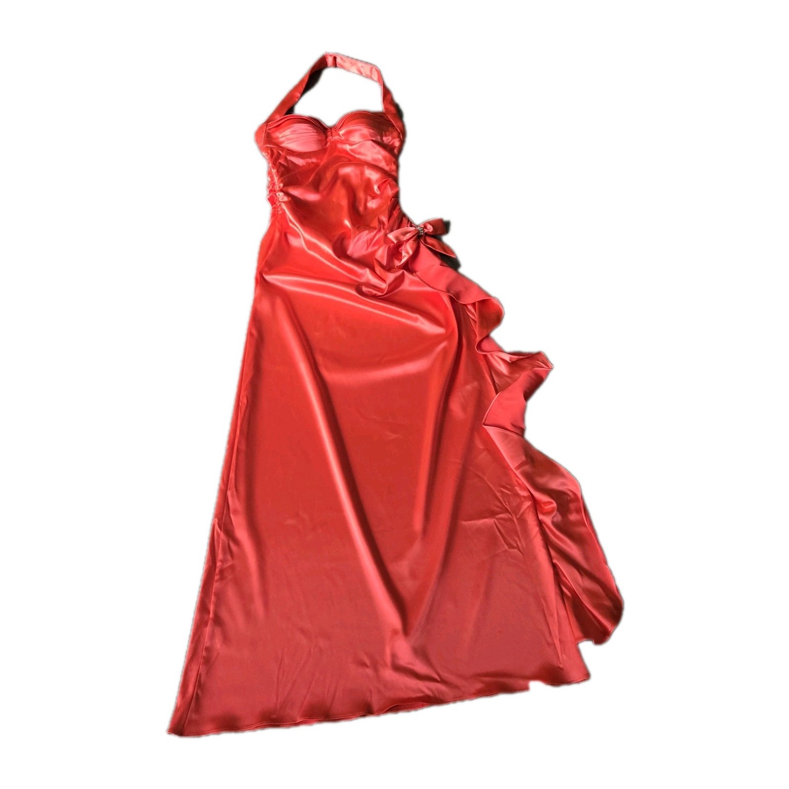 BLONDIE NITES BY LINDA BERNELL ORANGE LONG SATIN LOOK DRESS PROM JUNIORS SZ 9