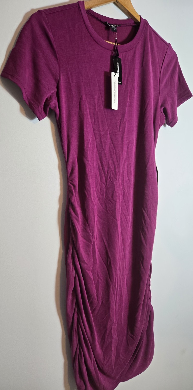 NWT Express Raspberry Solid Knit Ruched Stretch Crew Neck T-Shirt Midi Dress S