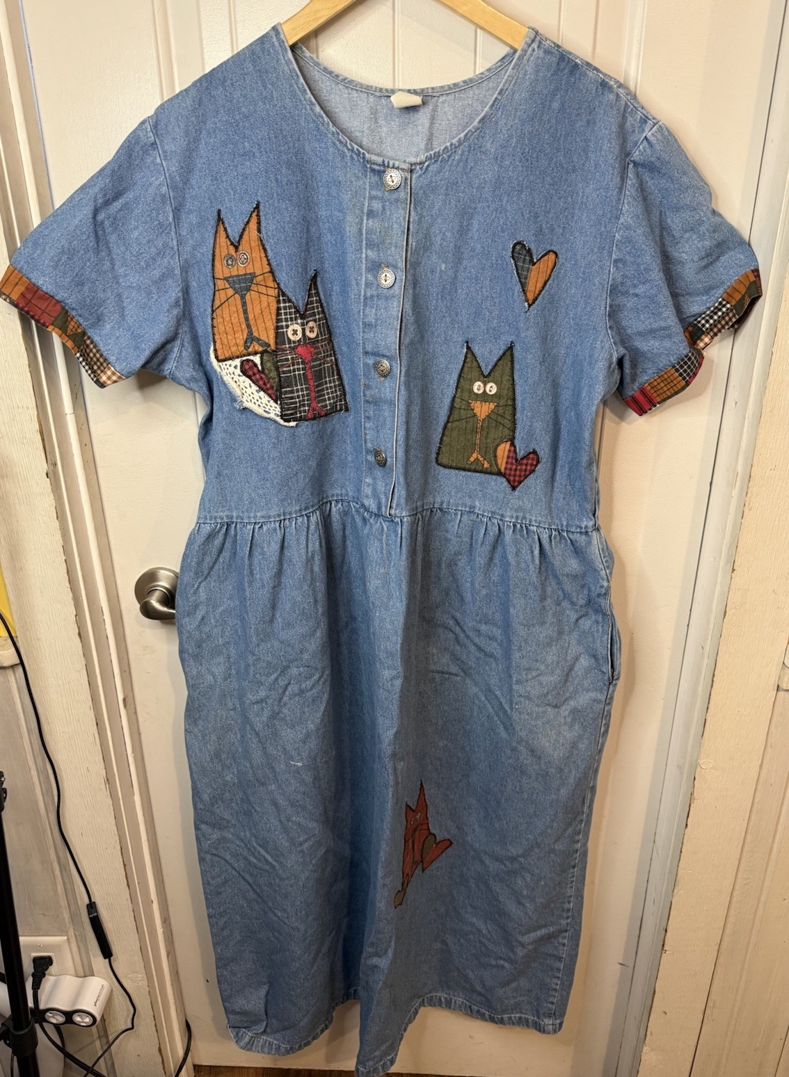 VTG Denim Jumper w/ Cats, Pockets, Buttons Grannycore Teacher XXL Spots READ!