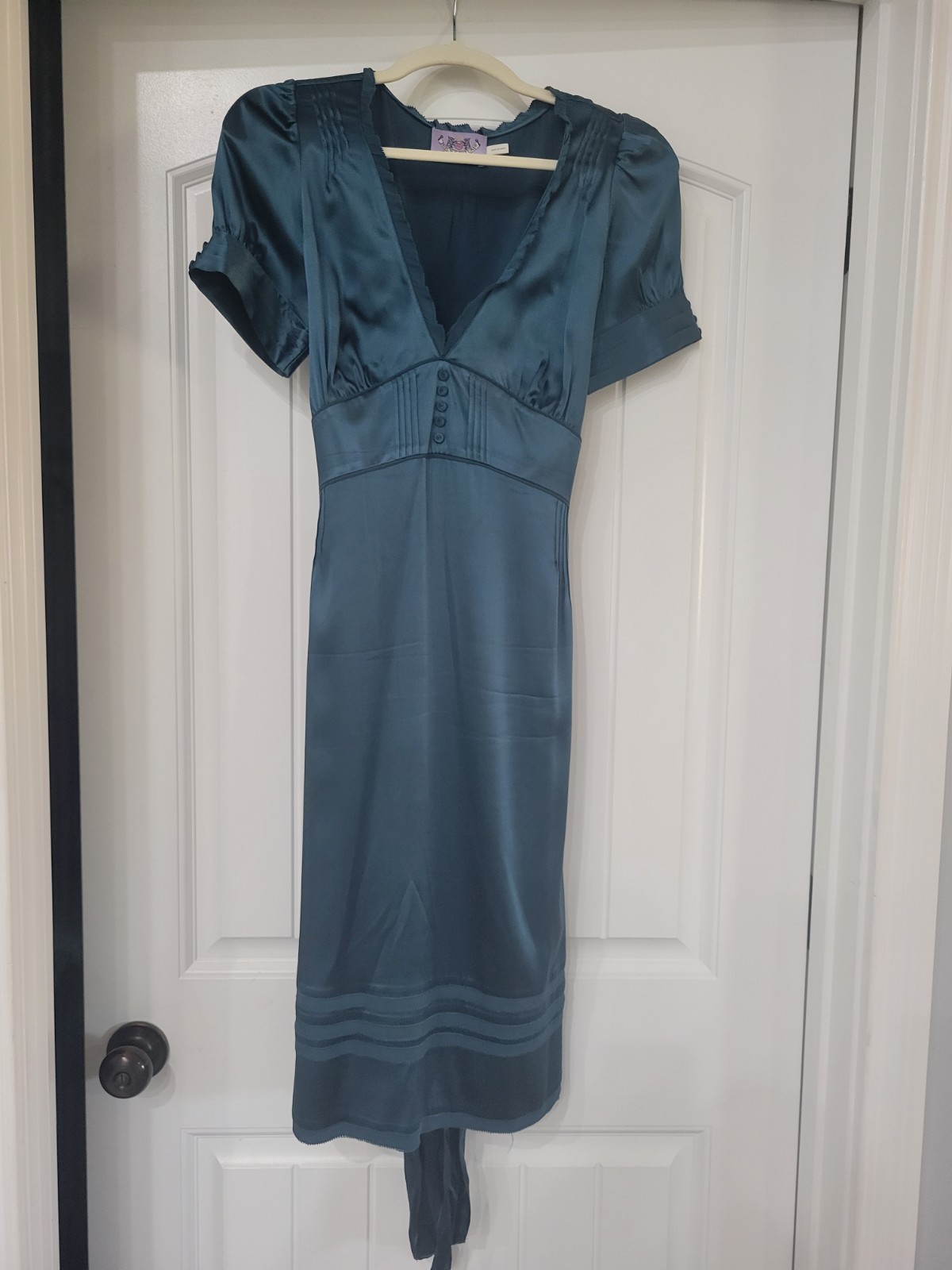 VINTAGE Y2K Juicy Couture Peacock Blue Sheath Midi Dress V-Neck 8