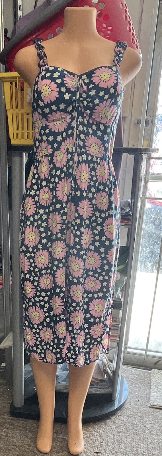 AUW Floral Navy/Pink/Yellow/White Sundress Sleeveless Tie Adjustable Midi L