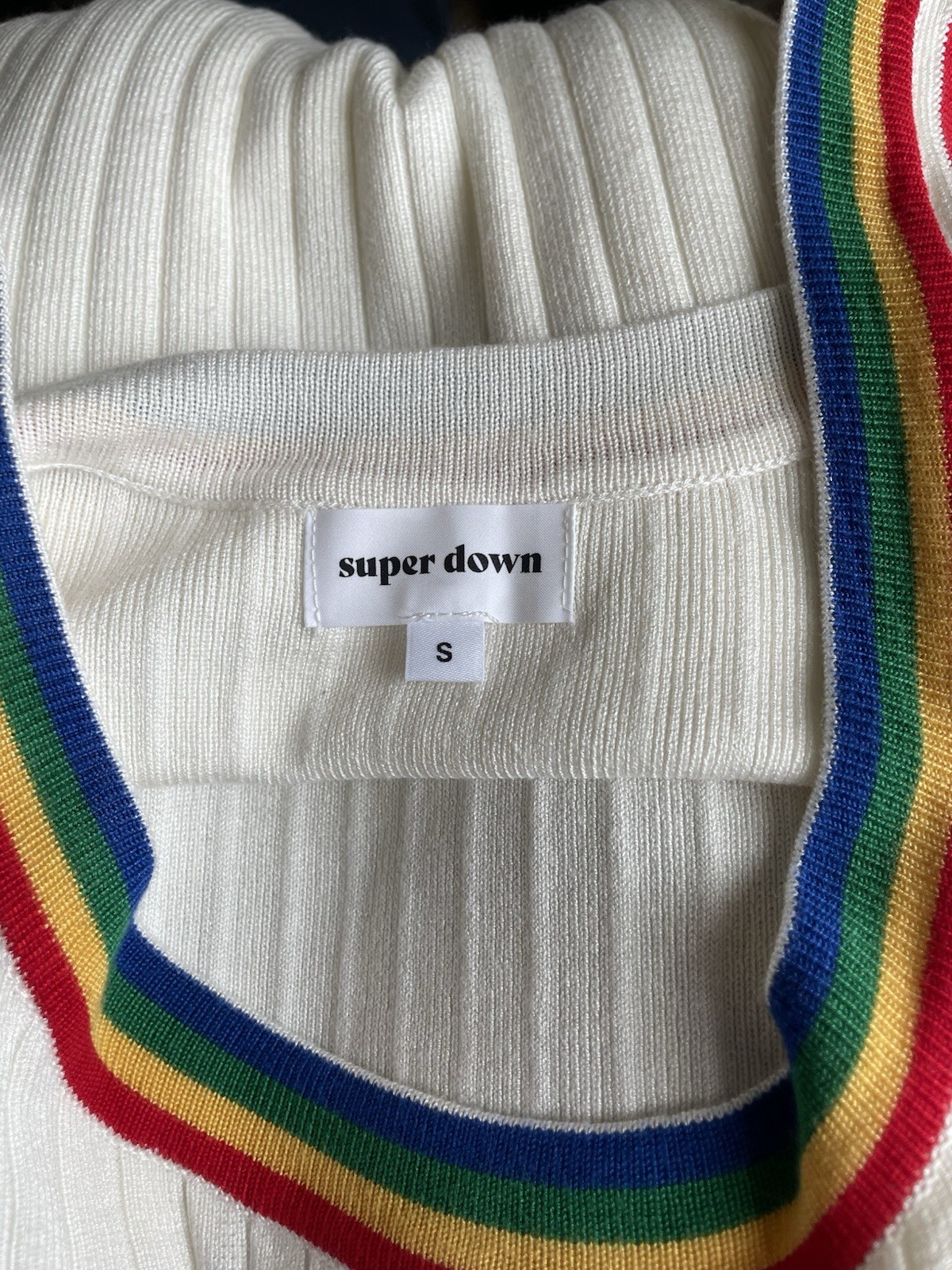 Super Down White Ribbed Knit Rainbow Stripe Trim Bodycon Mini Dress Women’s S