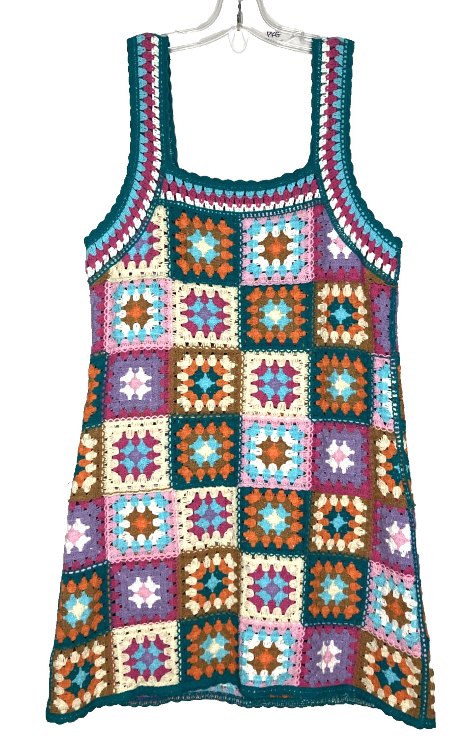 NEW IN Crochet Tank Dress M/L Granny Square Pattern Square Neck Wide Strap Mini