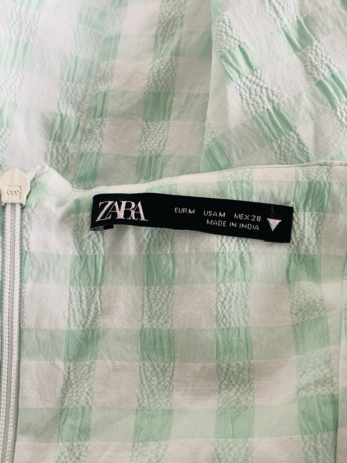 ZARA Mint Green Gingham Beaded Mini Dress M Seersucker Floral Bust Cami Pockets