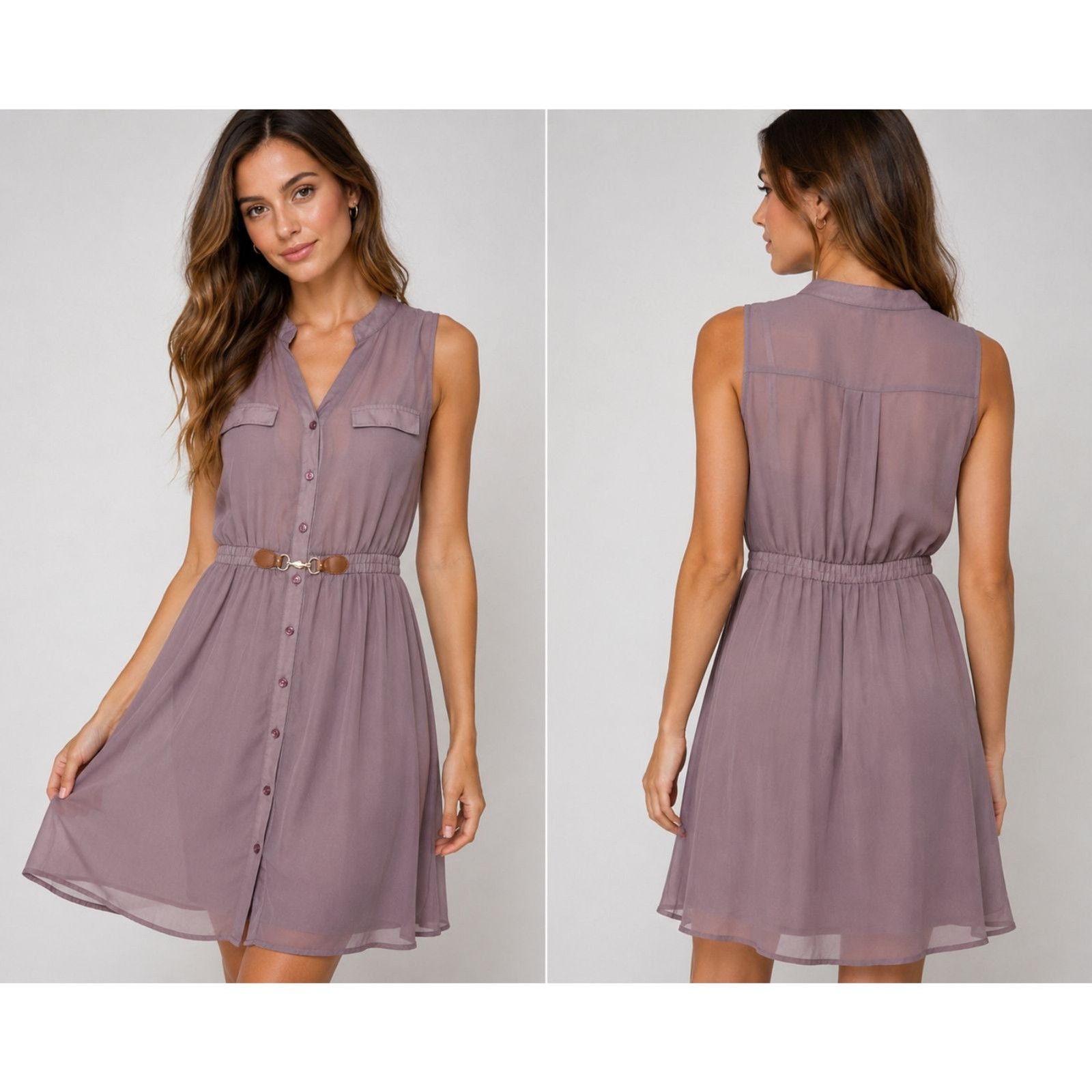 R N B Women’s Dress M Purple Sheer Chiffon Sleeveless Button Front Belted