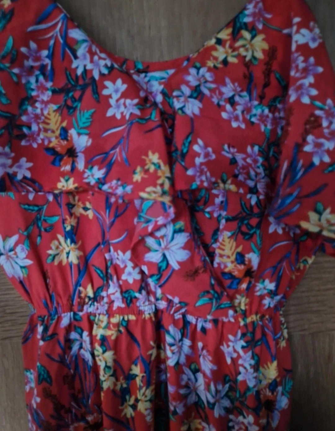 Bold Boho Tropical Ruffle Dress 🌺 Cold Shoulder Bright Floral (UK 8/10)