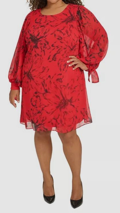 Calvin Klein Womens Red Floral-Print Tie-Cuff Shift Dress Plus Size 20W