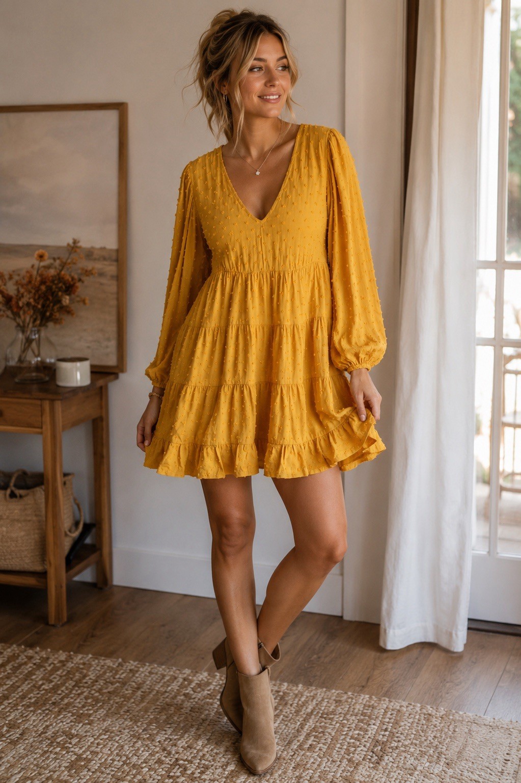 Urban Outfitters Mustard Yellow Swiss Dot Tiered Mini Dress Women’s Small Boho S
