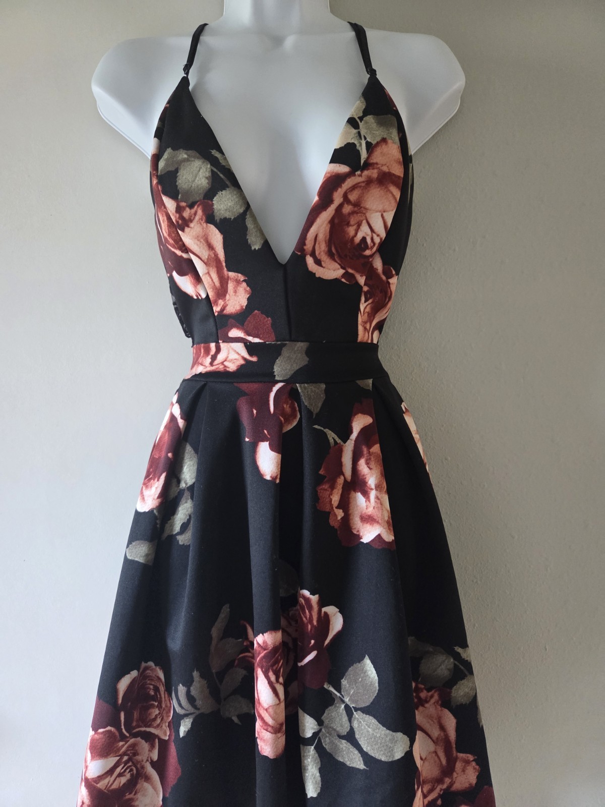 Q U.S.A. Black Pink Floral Lace Midi Dress | Size Q | V-Neck Open Back Tie