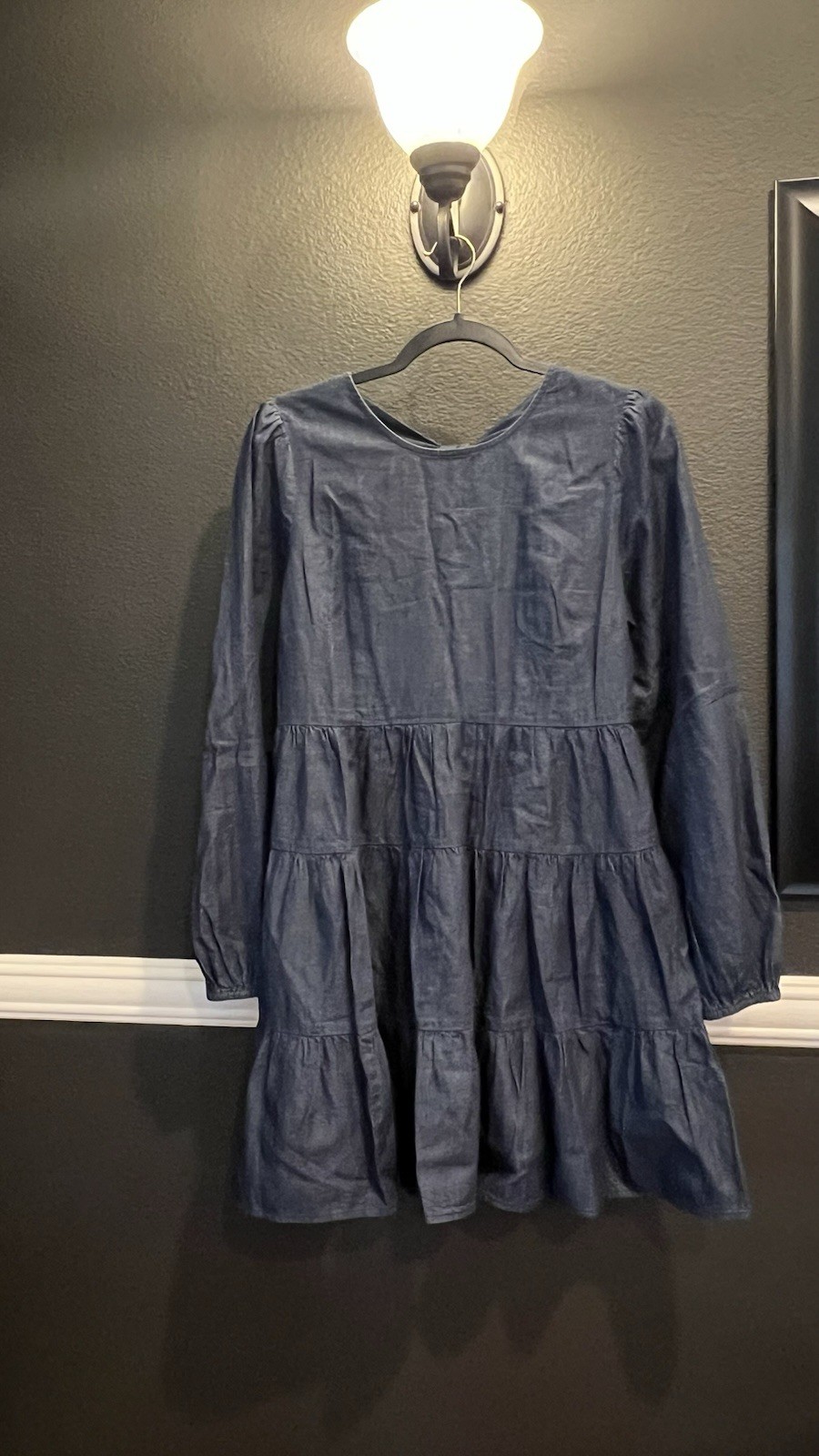 Draper James Dark Wash Denim Long Sleeve Midi Babydoll Bow Back Dress Size Small