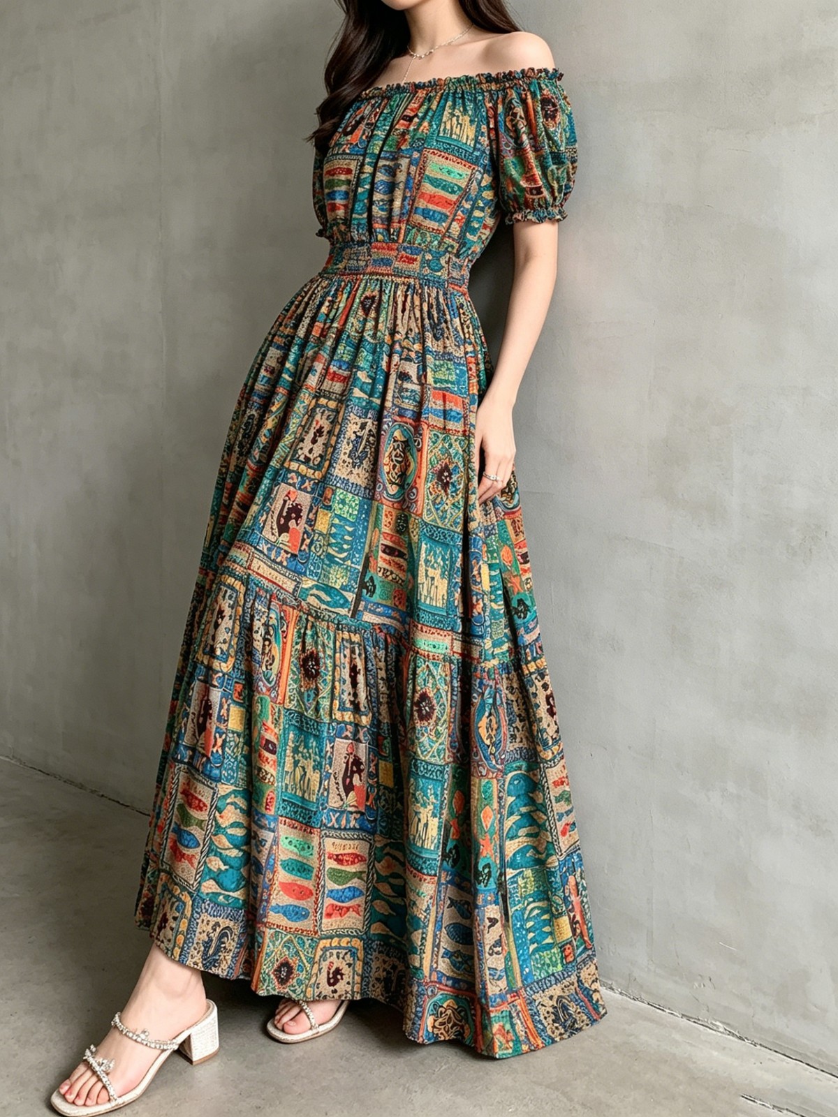 Ladies Bohemian Elegant Swing Maxi Dress Elastic Waist Comfort All Figures