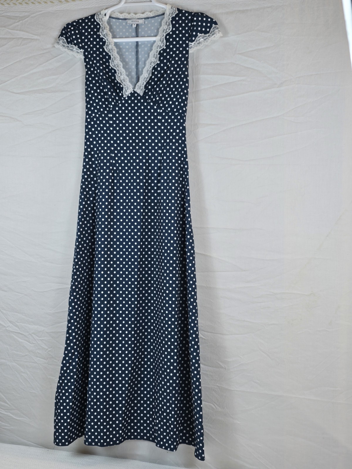 RIHOAS Navy White Polka Dot Lace Trim V-Neck Maxi Dress XS Short Sleeve