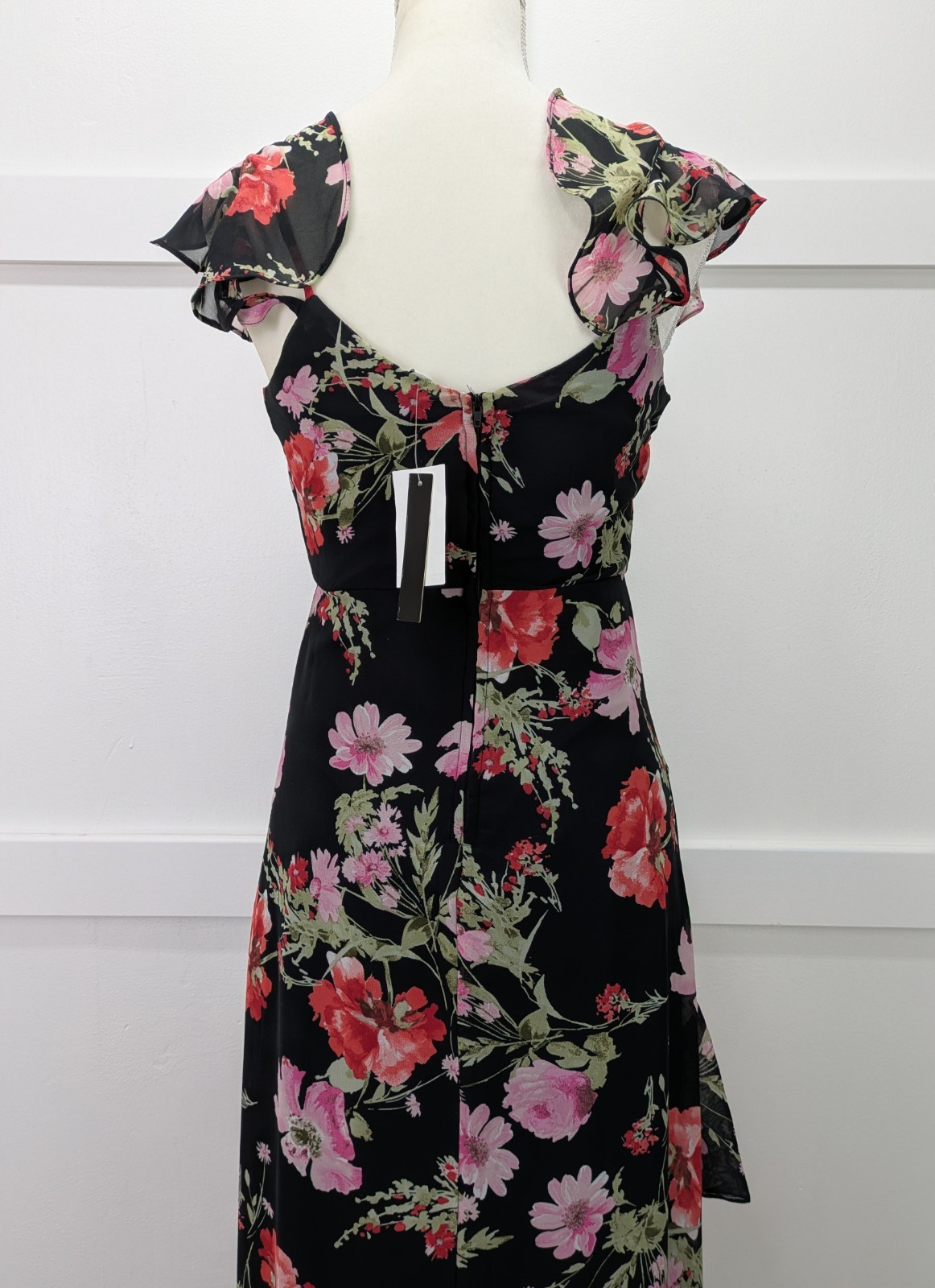 Speechless Black Pink Floral Ruffled Hem High Low Maxi Cold Shoulder Dress Sz M