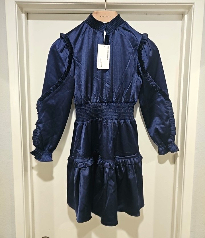 G Lisbon Smock Dress Navy 12 High Neck Long Sleeve Smocked Ruffle Zip 18395