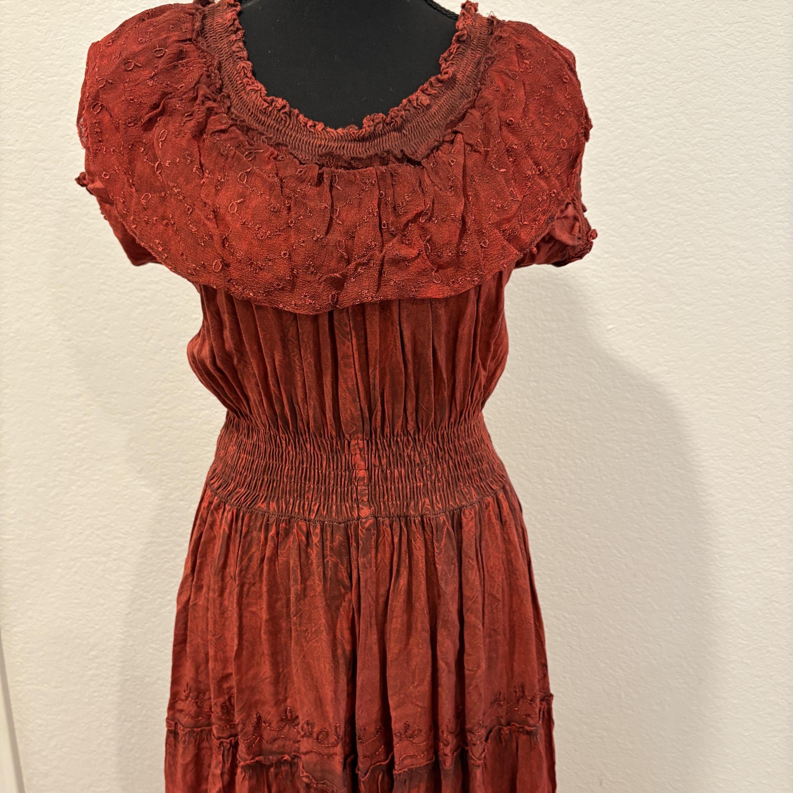 Sakkas Dress Womens Free Size Red Boho Maxi Cotton Rayon Embroidered Peasant