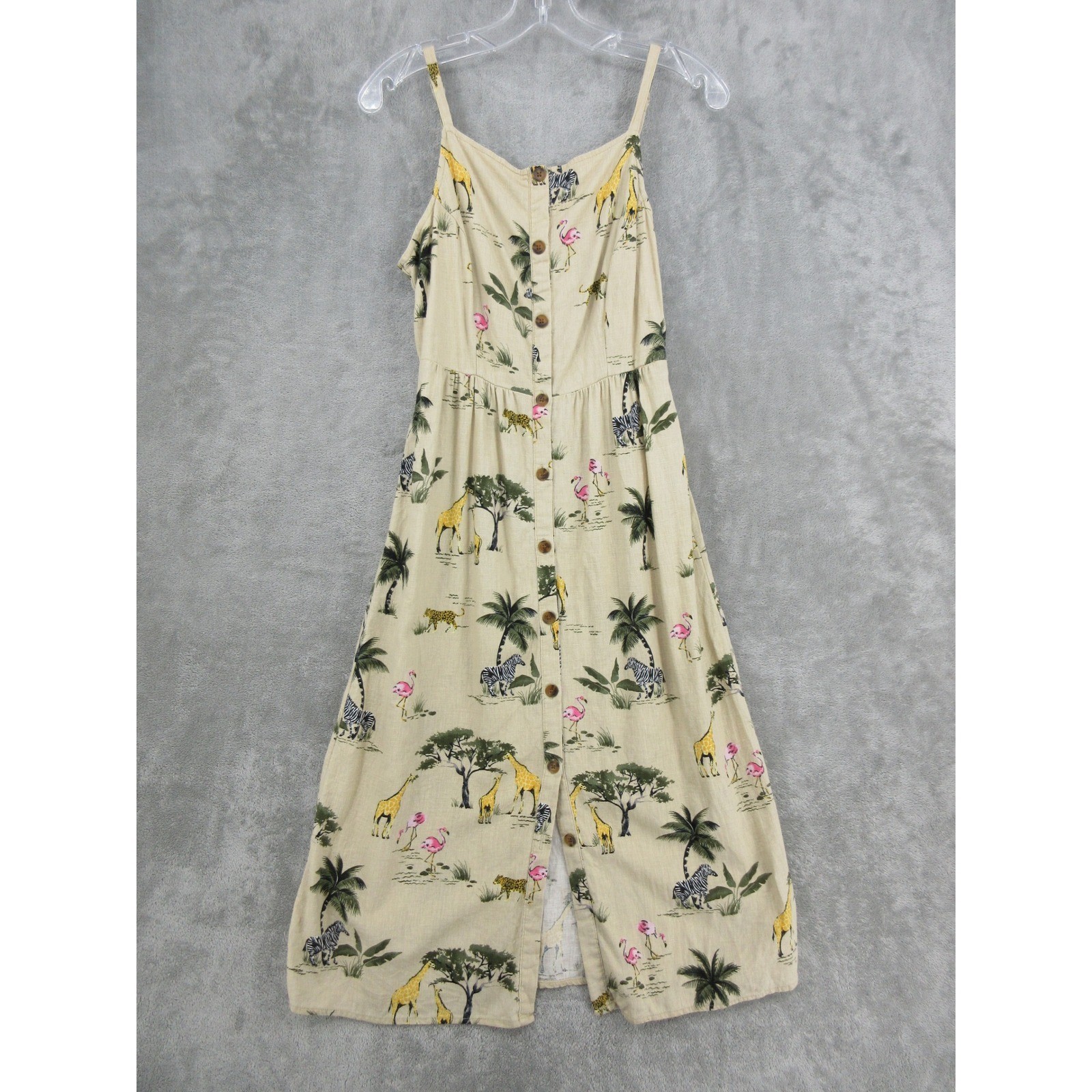 Old Navy Dress Womens Small Safari Animals Maxi Button Summer Linen Blend Tan