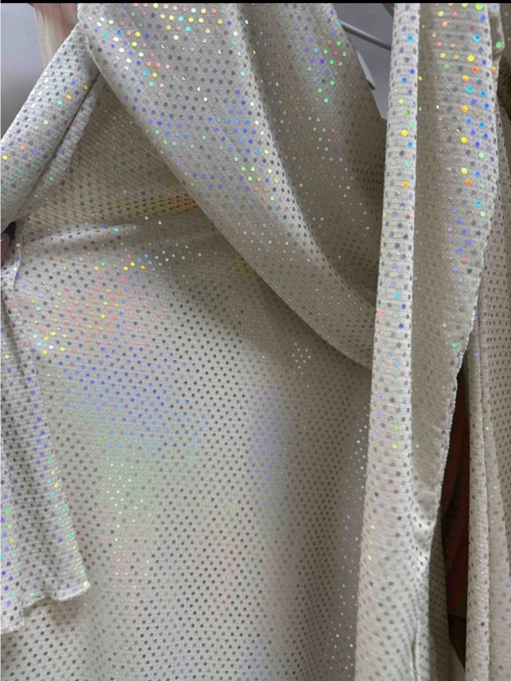 Glitter Sequin White Knitted Mesh Long Sleeve Off-Shoulder Bodycon Dress, Size L