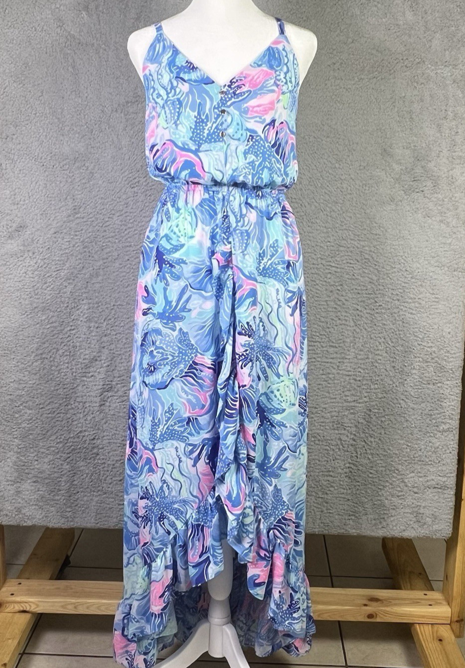 Lilly Pulitzer Maxi Dress Womens Small Blue Mareena Ruffle Blouson Beach Summer