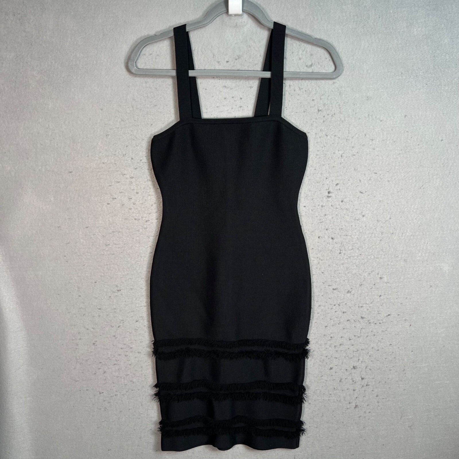 BCBGMAXAZRIA Black Bandage Dress XXS With Fringe Details & Back Zip Closure NEW