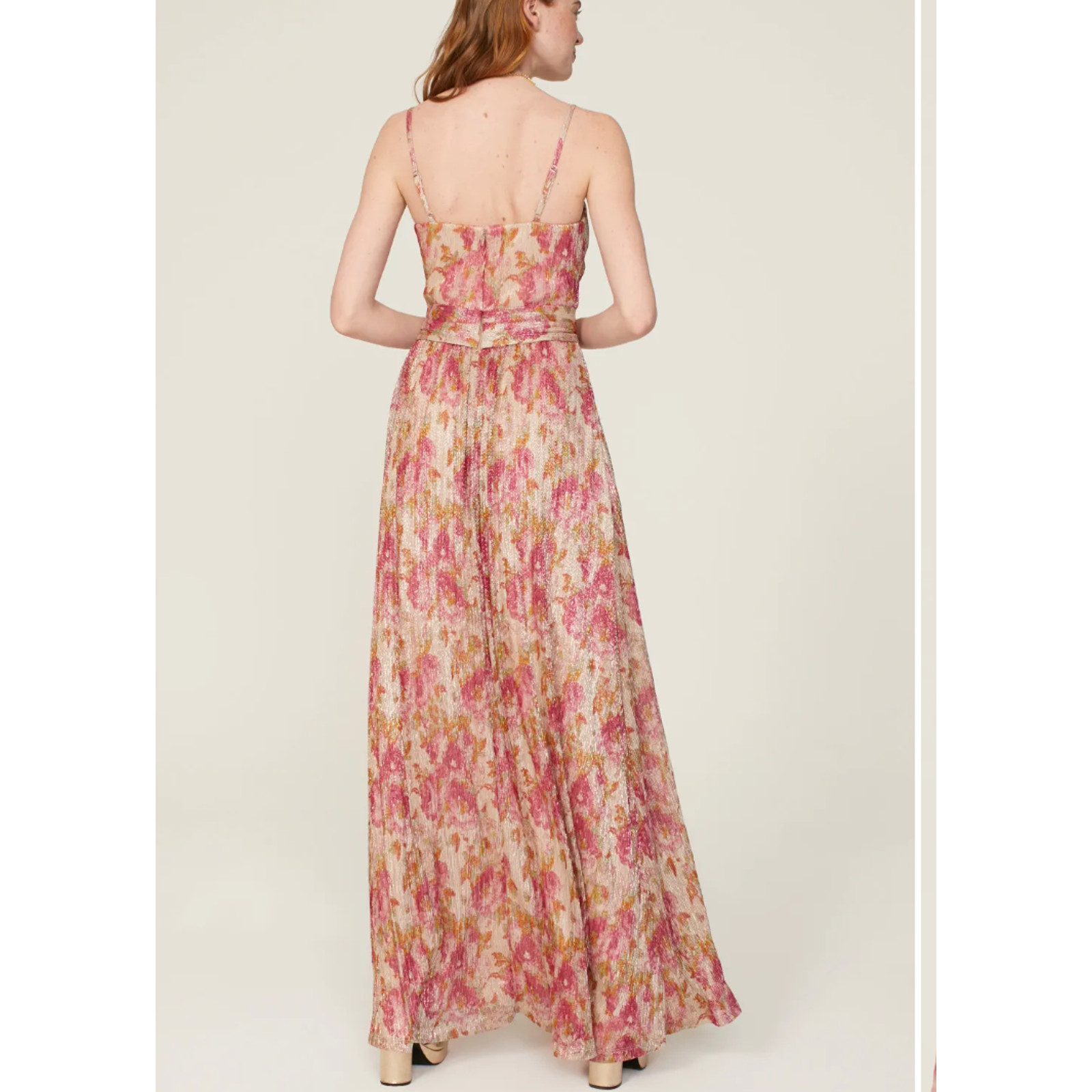 Dress the Population Floral Pleated Maxi Dress XS Metallic Plisse Slip Gown $268