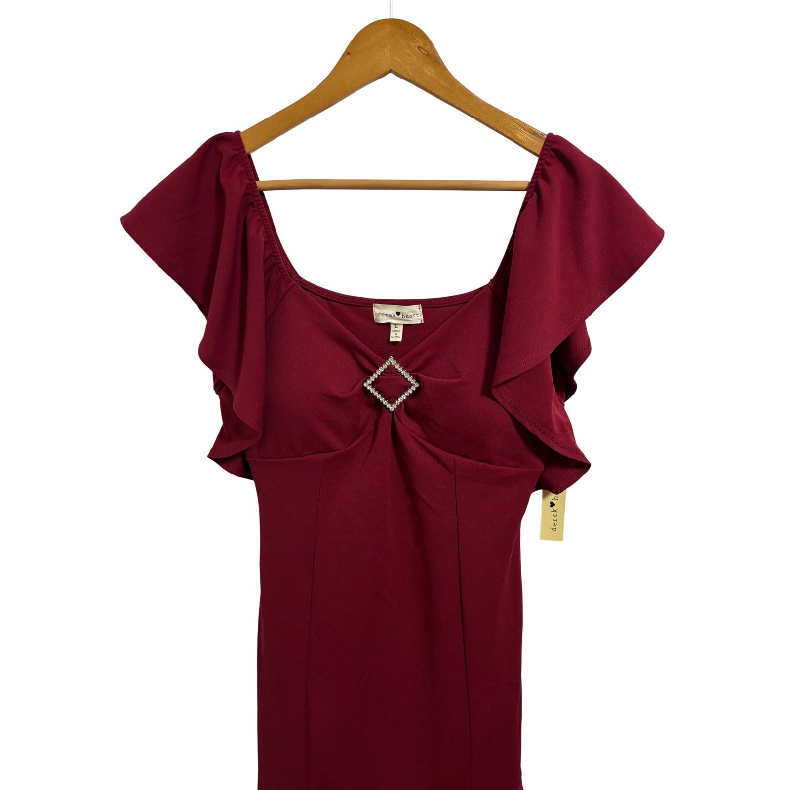 Derek Heart Burgundy Ruffle Flutter Sleeve Rhinestone Mini Dress Coquette L NEW
