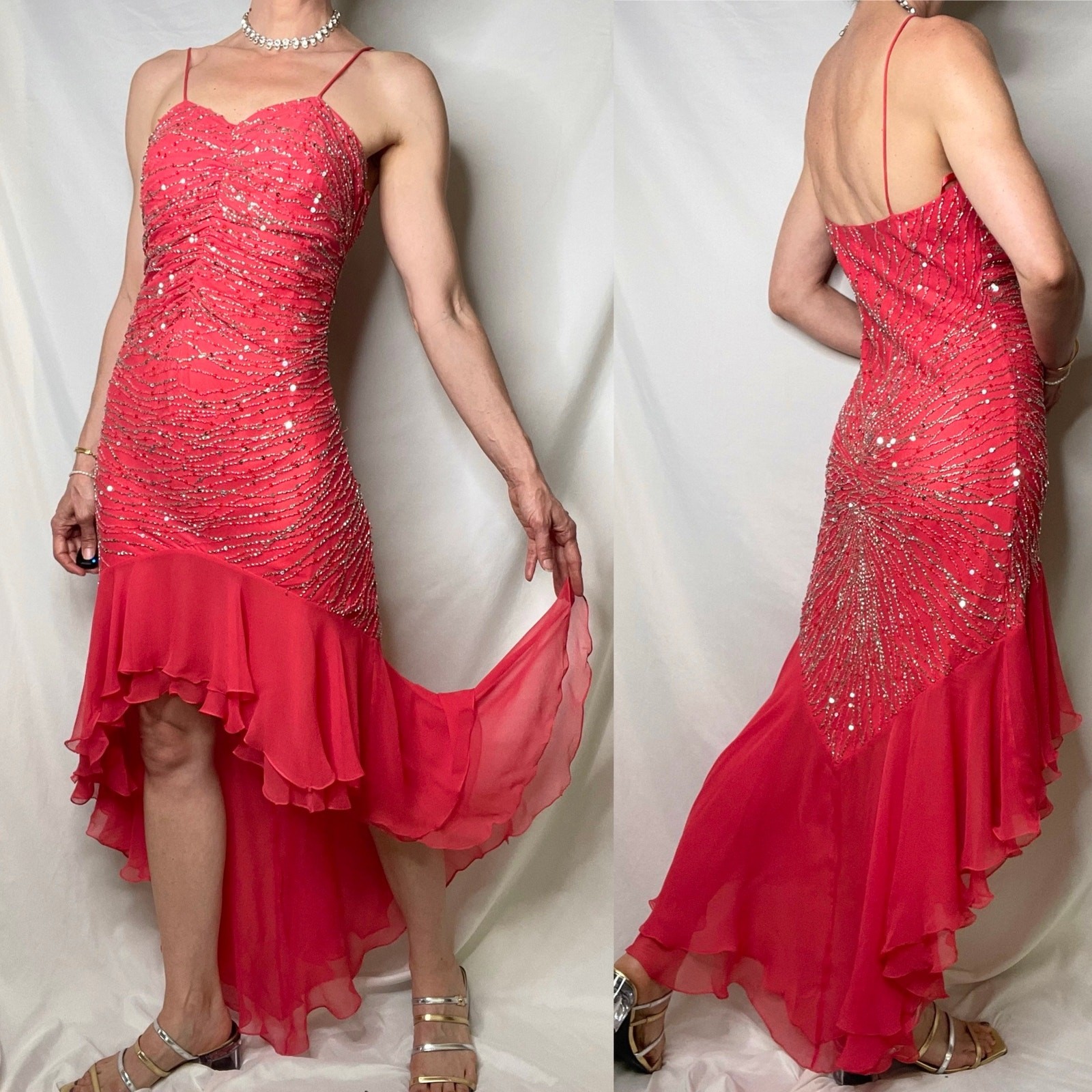 Scala coral pink 100% silk ruffle hem slip dress gown prom beaded sequin formal