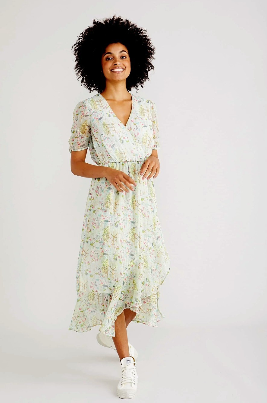 Oliver Bonas Storyteller Print Green Wrap Dress Size 8 New Without Tags