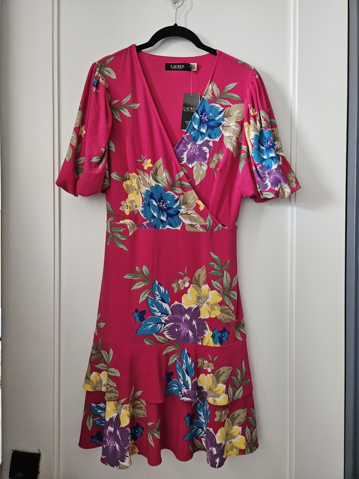 NWT! Lauren Ralph Lauren Pink Floral Jersey Wrap Dress Short Sleeve Ruffle 10P