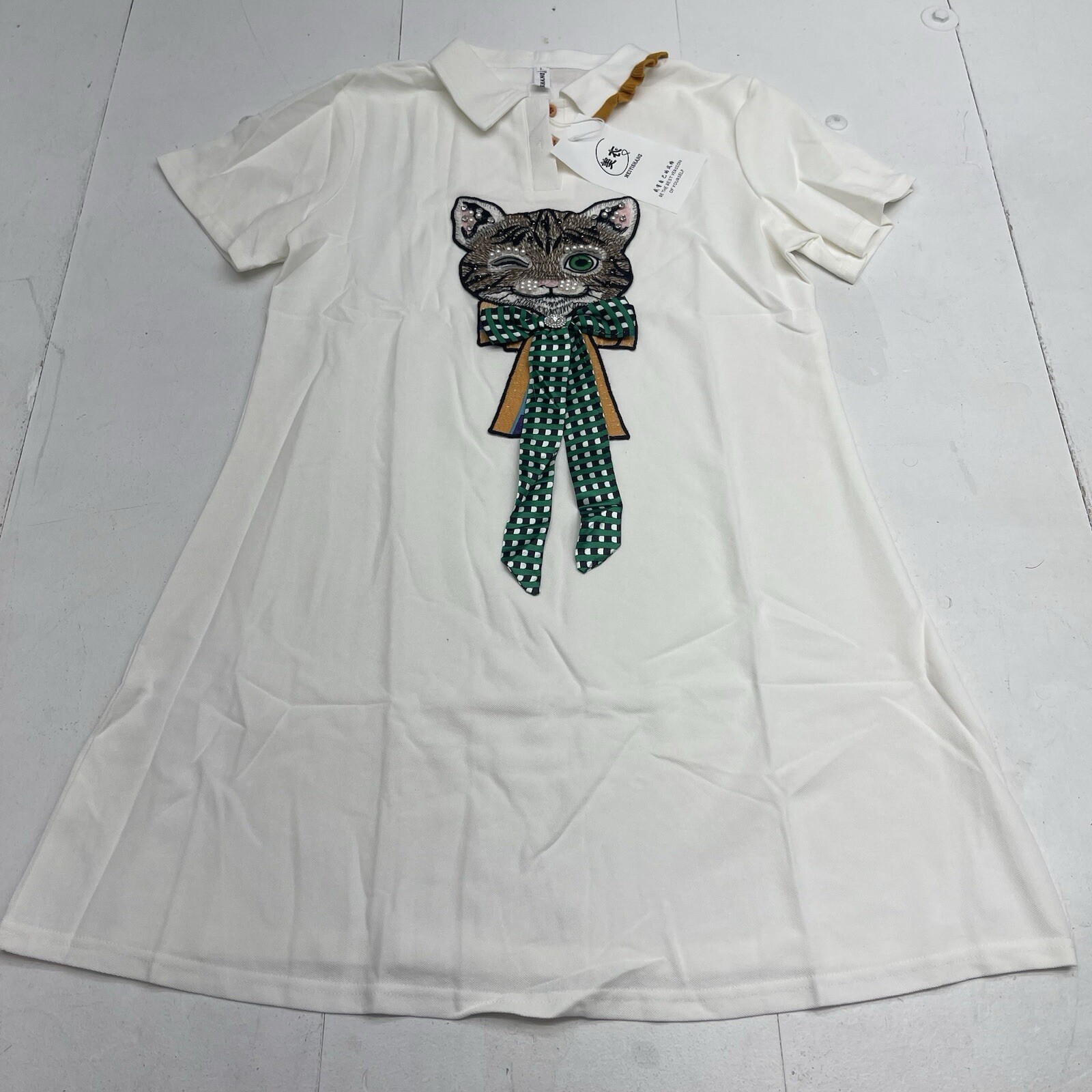 Meiyishang White Winking Cat Wearing Bow Button T Shirt Dress Women’s Size L