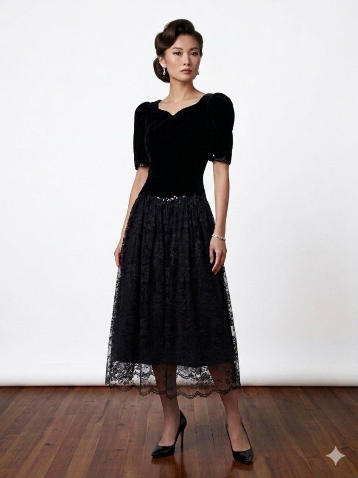 VTG 80s 90s Scott McClintock Velvet Lace Cocktail Dress Tea Length Black Size 6