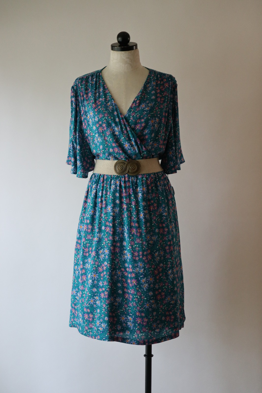 Draper James RSVP Teal Green Floral Short Batwing Sleeve Wrap Dress Women XXL