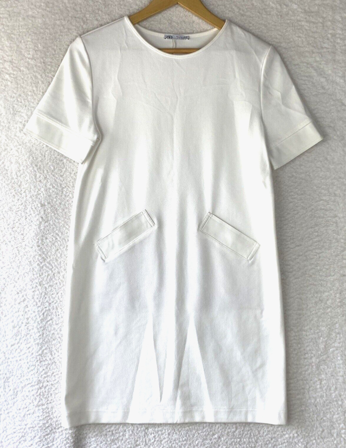 Zara Dress Womens Small A Line White Faux Leather Trim Pockets Short Sleeve work