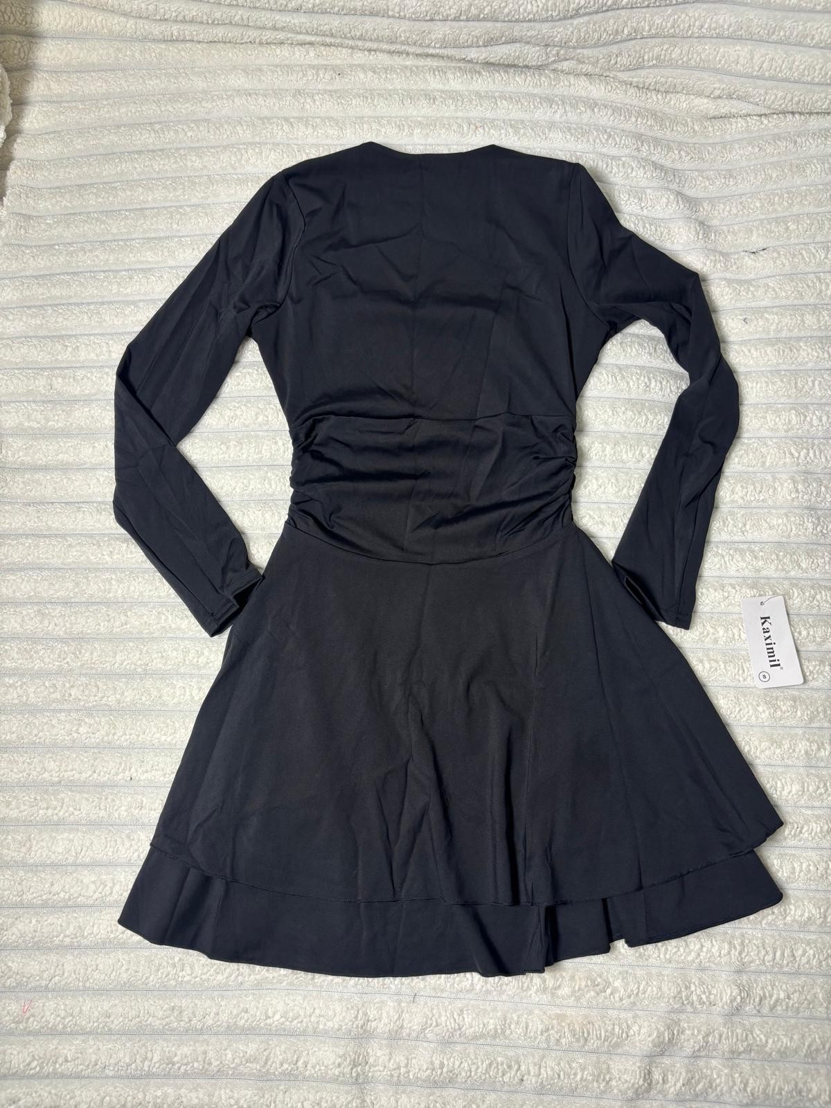Kaximil Size S, Black, Women Square Neck Ruffle Hem Mini Dress Ruched Waist Long