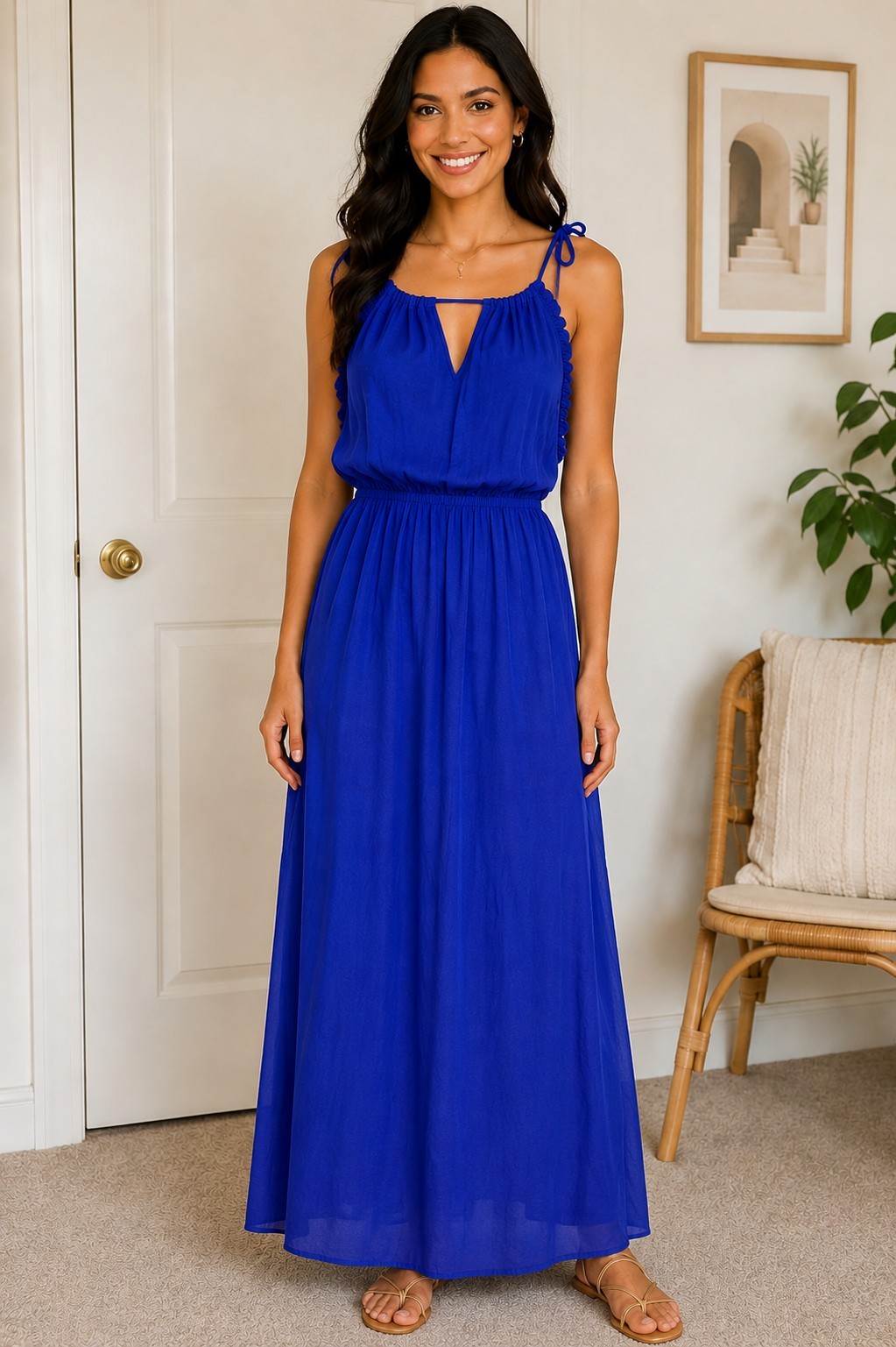 Fraiche by J Royal Blue Maxi Dress Medium Keyhole front with tie straps Nwt