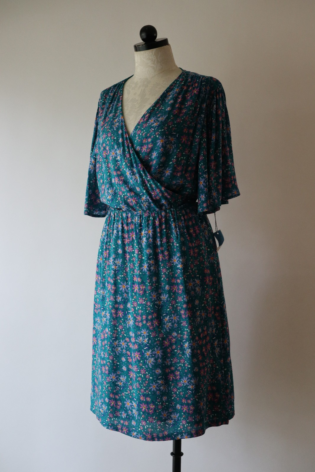 Draper James RSVP Teal Green Floral Short Batwing Sleeve Wrap Dress Women XXL