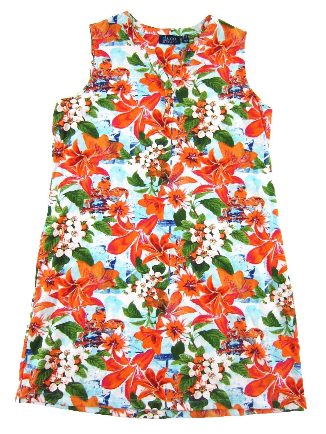 D & CO. Beach Orange Blue Green White Tropical Floral Stretch Shift Tank Dress L