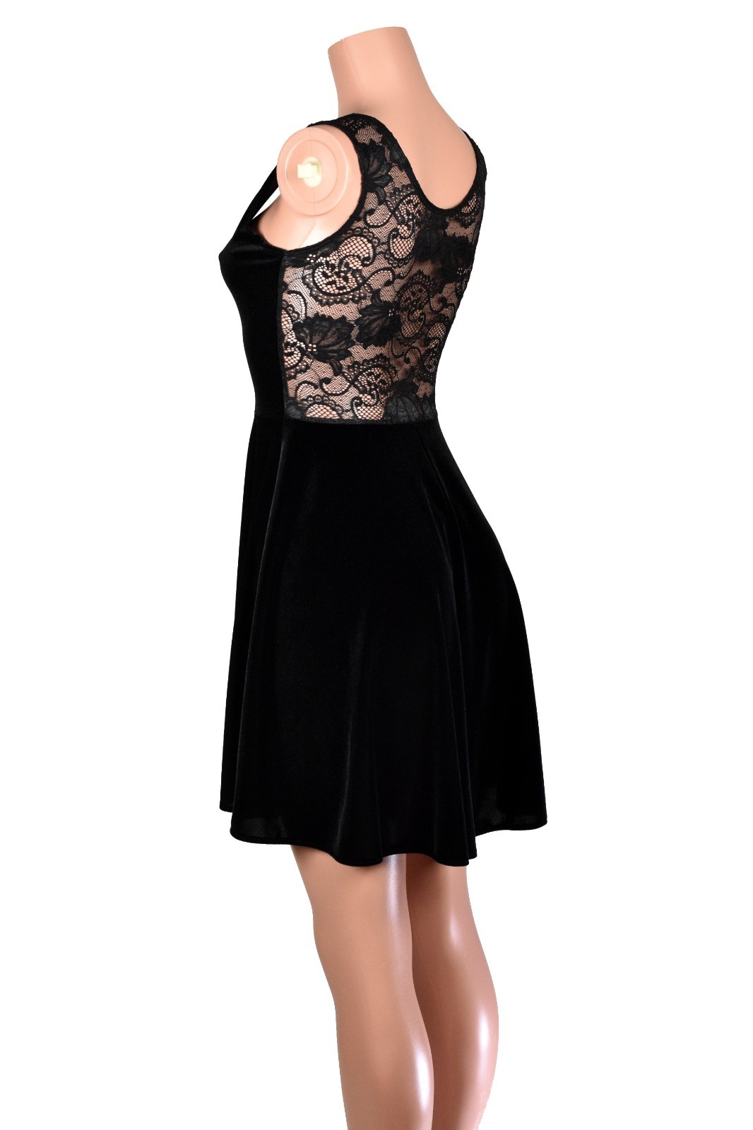 Black Velvet + Lace Sleeveless Skater Dress sheer back gothic plus size XS to 3X