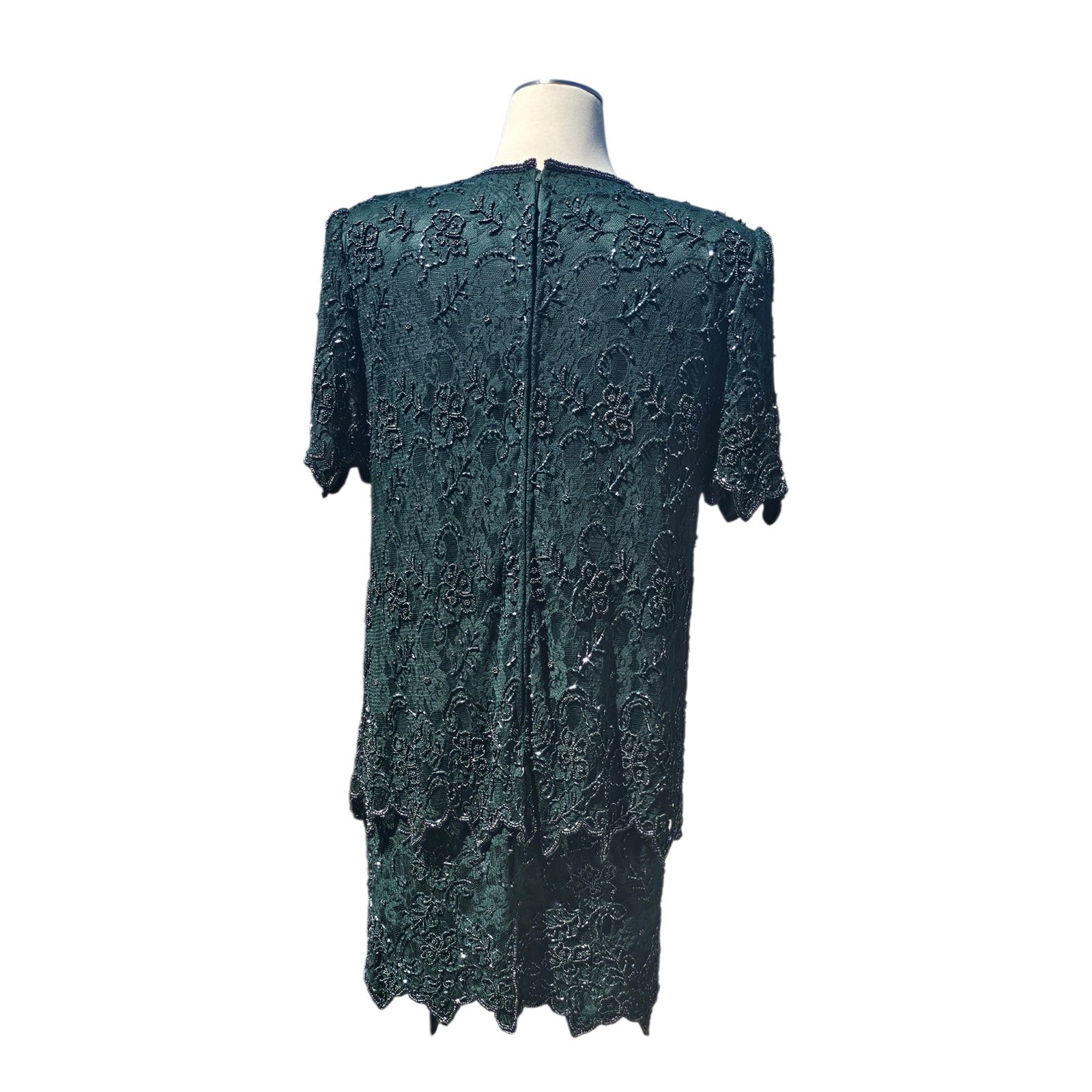 Vintage Brilliante By J.A. 80’s Glam Sequin Lace Green Beaded Dress Sz LP