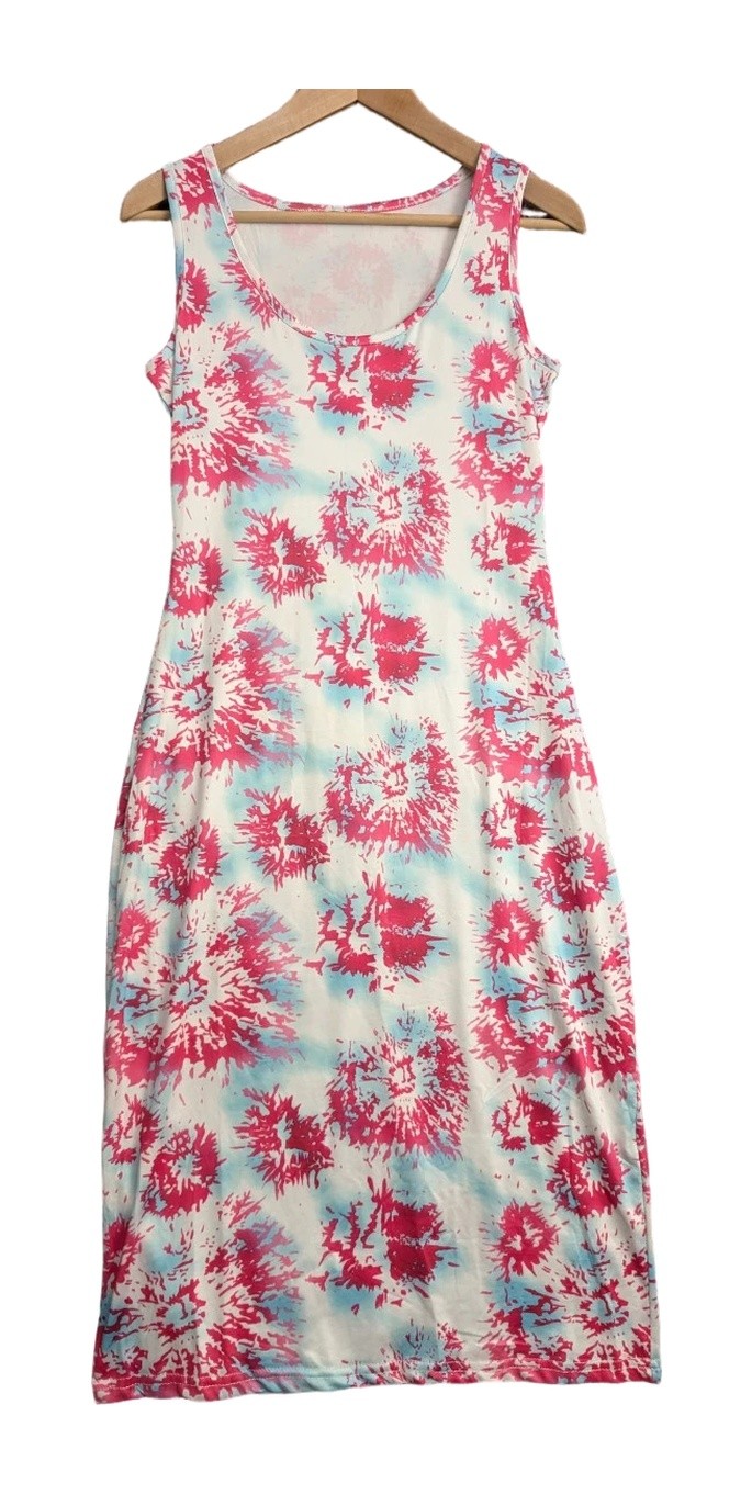 Womens Pink Blue Floral Dress Size M 43in Length Summer Casual Cotton Polyester